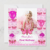 Eerste verjaardag 1e meisje: Hot Pink Butterfly Kaart (Voorkant)