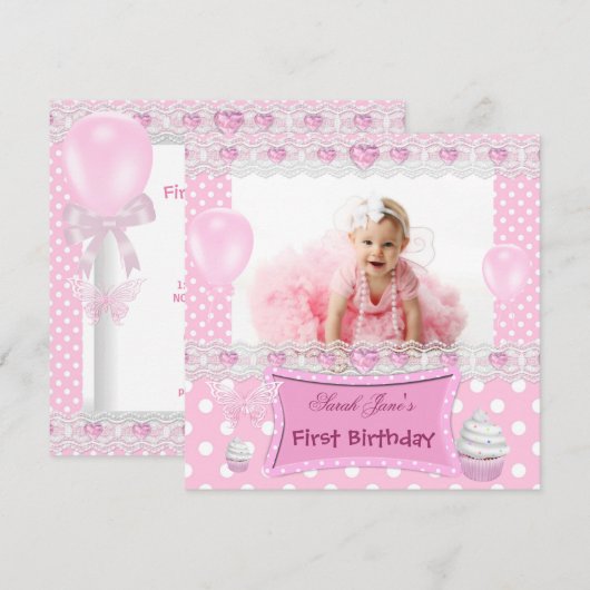 Eerste verjaardag 1e meisje roze baby polka stippe kaart (Voorkant / Achterkant)