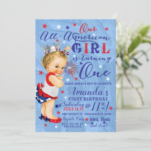 Eerste verjaardag 4 juli rood wit blauw kaart (Staand voorkant)