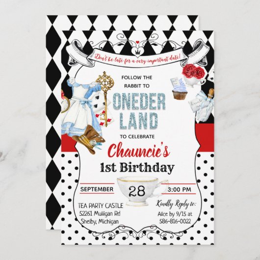 Eerste Verjaardag Alice in Wonderland Uitnodiging (Voorkant / Achterkant)