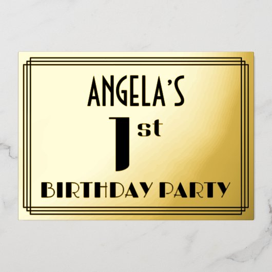 Eerste verjaardag: Art Deco Kijk "1" en naam Folie Uitnodiging (Voorkant)