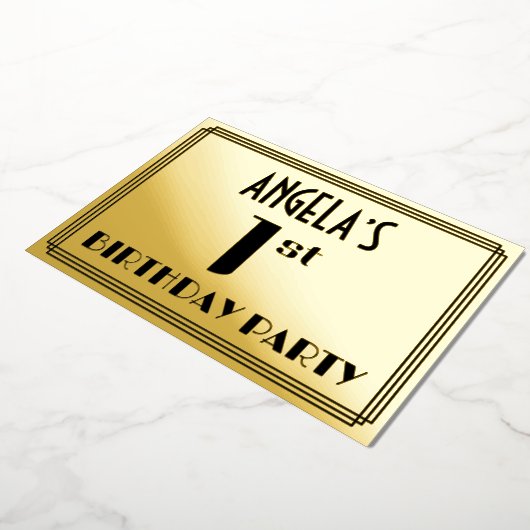 Eerste verjaardag: Art Deco Kijk "1" en naam Folie Uitnodiging (Gedraaid)