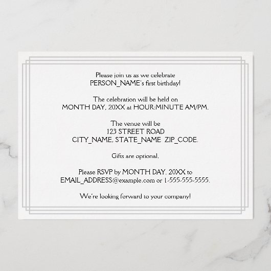 Eerste verjaardag: Art Deco Kijk "1" en naam Folie Uitnodiging (Achterkant)