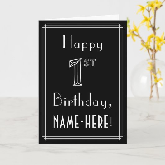 Eerste verjaardag: Art Deco Style # 1 & Custom Nam Kaart (Gele Bloem)