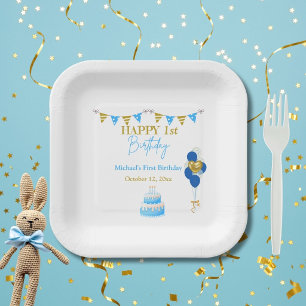 Eerste verjaardag baby jongen blauwe gouden ballon papieren bordje