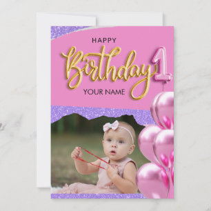 Eerste verjaardag baby meisje foto ontwerp kaart