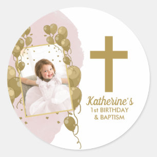 Eerste verjaardag Baptisme Pink Gold Balloons Foto Ronde Sticker