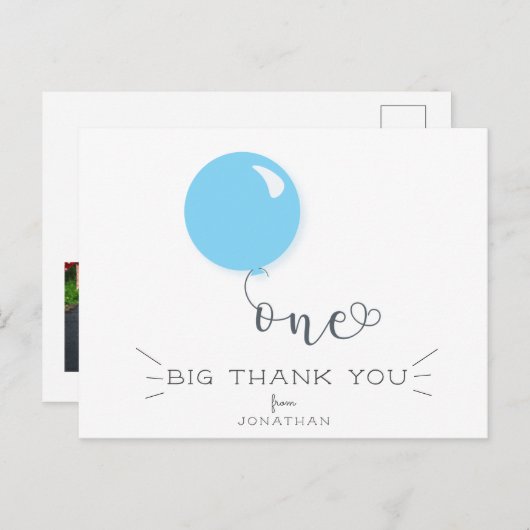 Eerste verjaardag Blauwe Ballon Bedankt kaart (Voorkant / Achterkant)