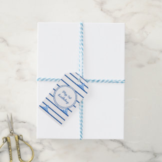 Eerste verjaardag Blue Sail Boat en Stripes Favor Cadeaulabel
