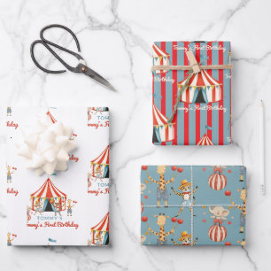 Eerste verjaardag Circus Dieren Rood Blauw Inpakpapier Vel