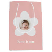 Eerste verjaardag daisy boho retro roze medium cadeauzakje (Voorkant)