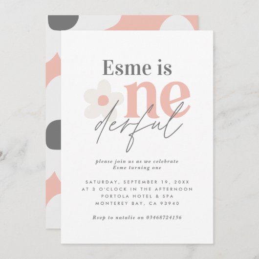 Eerste verjaardag: daisy boho retro roze meisje sc kaart (Voorkant / Achterkant)