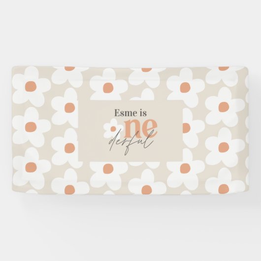 Eerste verjaardag: daisy boho retro terracotta nat spandoek (Horizontaal)