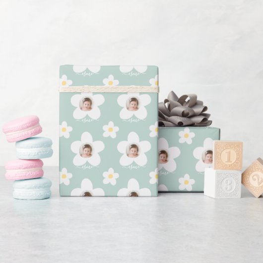 Eerste verjaardag daisy boho retro turquoise yello cadeaupapier (Baby Shower)