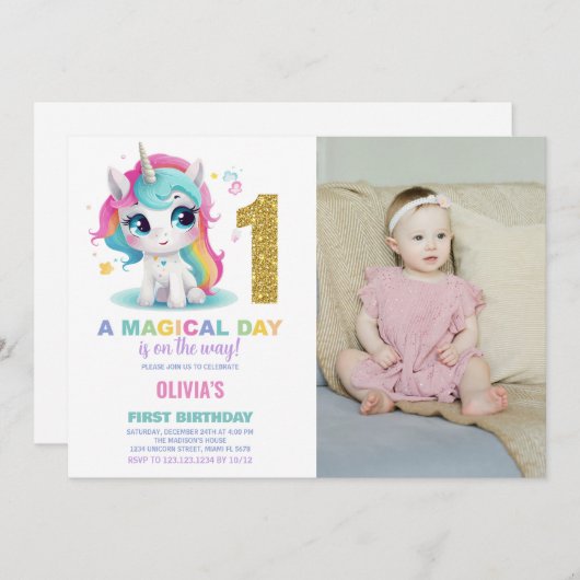 Eerste Verjaardag Eenhoorn Verjaardag Uitnodiginge Kaart (Voorkant / Achterkant)