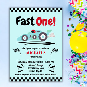 Eerste verjaardag Fast One  Blue Race Car Kaart