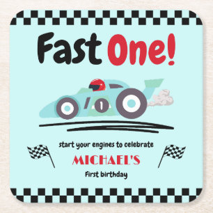 Eerste verjaardag Fast One Blue Race Car Vierkante Kartonnen Onderzetter