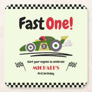Eerste verjaardag Fast One Green Race Car Vierkante Kartonnen Onderzetter