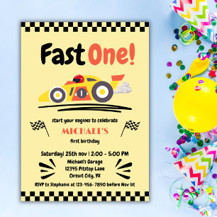 Eerste verjaardag Fast One Yellow  Race Car Kaart