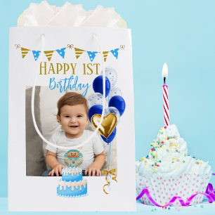 Eerste verjaardag foto jongen blauwe gouden ballon medium cadeauzakje