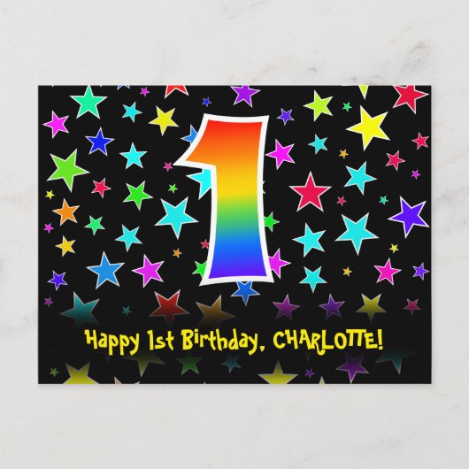 Eerste verjaardag: Fun Stars Pattern, Rainbow 1, n Briefkaart (Voorkant)
