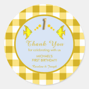 Eerste verjaardag Gele Gingham Vis Bedankt Ronde Sticker