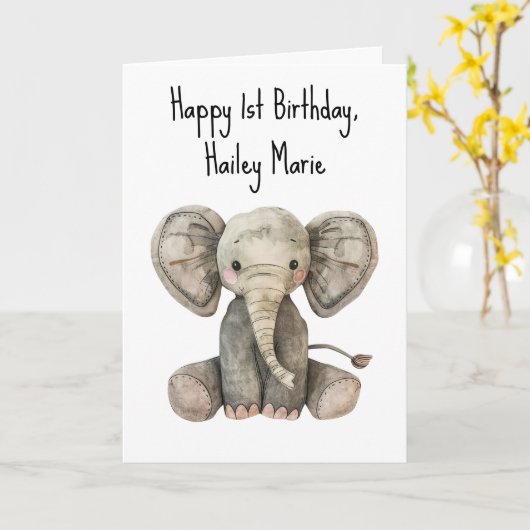 Eerste verjaardag gevulde olifant gepersonaliseerd kaart (Gele Bloem)
