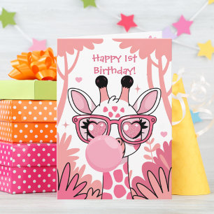 Eerste verjaardag Giraffe Roze Bubbel Lief Komisch Kaart