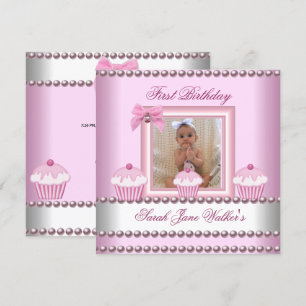 Eerste verjaardag Girl Pink Cupcakes White Pearl B Kaart