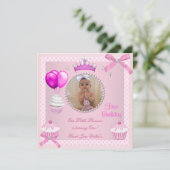 Eerste verjaardag Girl Pink Cupcakes White Pearl B Kaart (Staand voorkant)