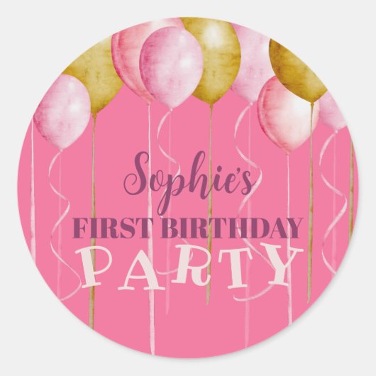 Eerste verjaardag Girly Pink & Gold Balloon Birthd Ronde Sticker (Voorkant)