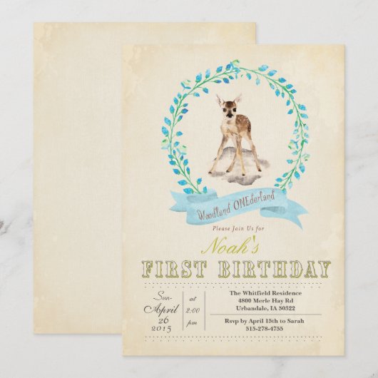 Eerste Verjaardag Jongen Herten uitnodiging (Voorkant / Achterkant)