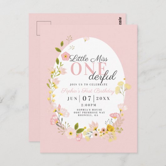 Eerste Verjaardag kleine miss one-derful uitnodigi Briefkaart (Voorkant / Achterkant)