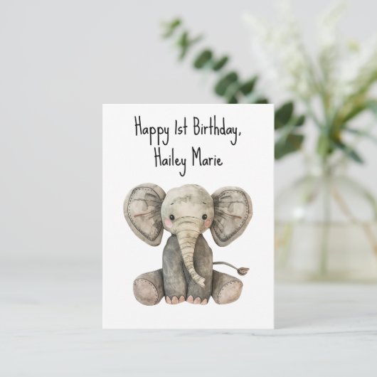 Eerste verjaardag knuffel olifant gepersonaliseerd briefkaart (Staand voorkant)