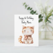Eerste verjaardag knuffelkat gepersonaliseerd briefkaart (Staand voorkant)
