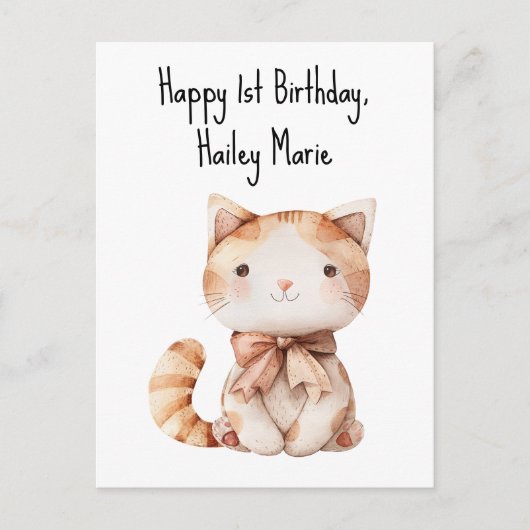 Eerste verjaardag knuffelkat gepersonaliseerd briefkaart (Voorkant)