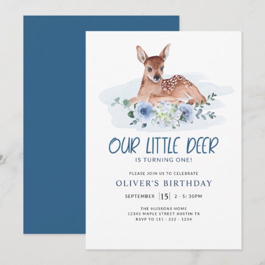 Eerste verjaardag Little Deer Blue Floral Invit Kaart (Voorkant / Achterkant)