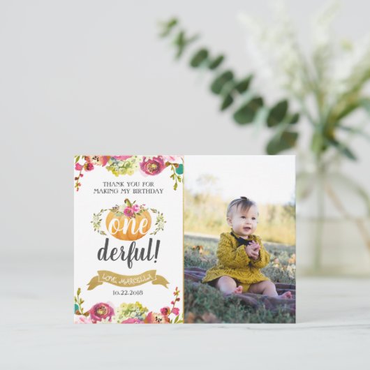 Eerste verjaardag Little Pumpkin bedankkaart Briefkaart (Staand voorkant)