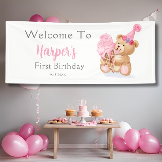 Eerste Verjaardag Meisje Teddy Bear Ice Cream Spandoek