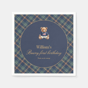 Eerste verjaardag Navy Plaid Teddybeer Jongen Servet