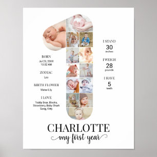 Eerste verjaardag Nummer 1 Mijlpaal Baby Fotocolla Poster