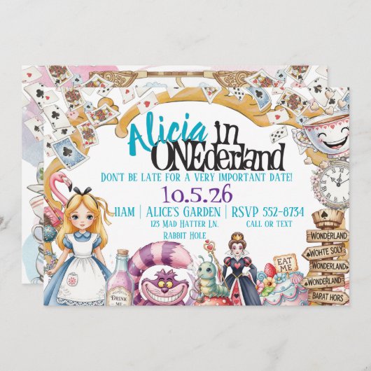 Eerste verjaardag ONEderland Wonderland Theme Invi Kaart (Voorkant / Achterkant)