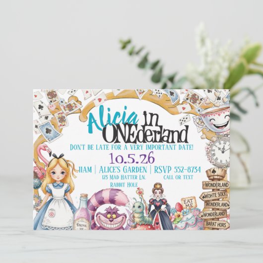 Eerste verjaardag ONEderland Wonderland Theme Invi Kaart (Staand voorkant)