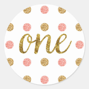 Eerste verjaardag Pink & Gold Glitter Script ONE, Ronde Sticker