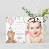 Eerste verjaardag roze groen meisje ballonnen kaart (Staand voorkant)