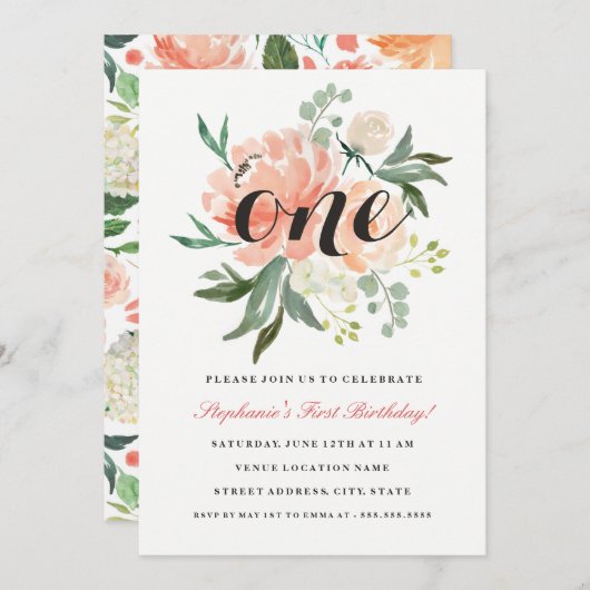 Eerste Verjaardag Roze Perzik Bloemen Een Uitnodig Kaart (Voorkant / Achterkant)