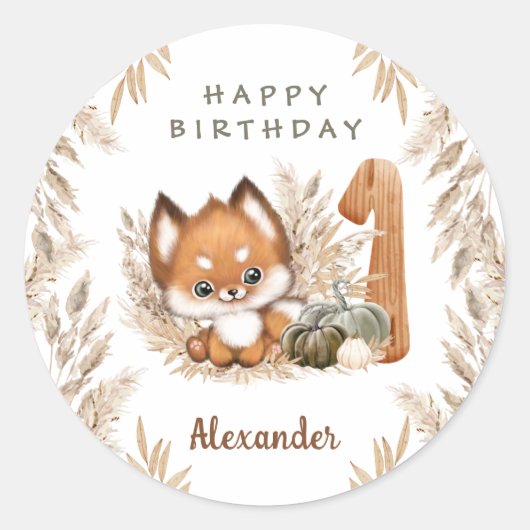 Eerste Verjaardag Schattige Fox Herfst Naam Sticke Ronde Sticker (Voorkant)