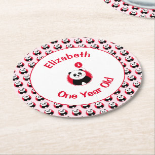 Eerste verjaardag schattige panda rode ballon voeg ronde kartonnen onderzetter
