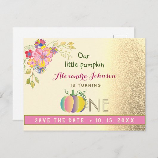Eerste verjaardag sparen de Datum Pumpkin Pink en  Aankondigingskaart (Voorkant / Achterkant)