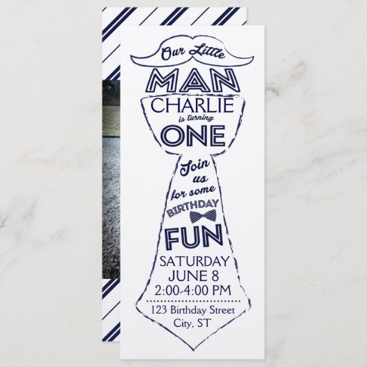 Eerste verjaardag Stropdas/snor uitnodiging (Voorkant / Achterkant)